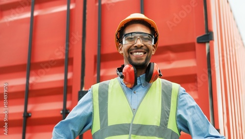 Portrait of cheerful young professional foreman of freight transportation company looking at camera smiling. Happy bearded worker wearing safety helmet, glasses and headphones near red container.