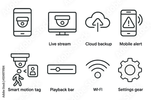 Smart cctv outline icons set – surveillance, security and technology symbols