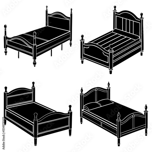 Four different styles of beds with headboards and footboards in black and white illustration style