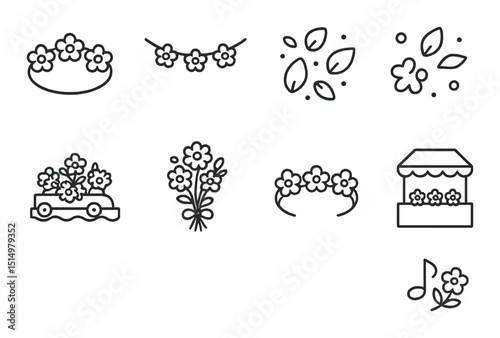 Floral festival outline icons set – minimalist, flower and celebration symbols