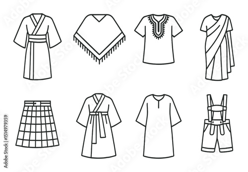 Global traditional attire outline icons set – simple, cultural, and ethnic wardrobe symbols