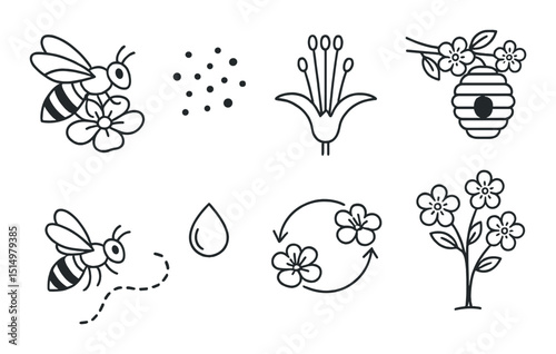 Bees and pollination outline icons set – simple, floral and nature symbols