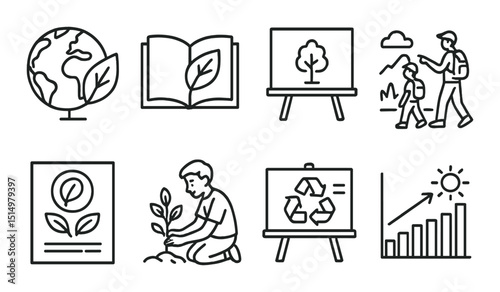 Eco education outline icons set – environmental, learning, sustainability symbols