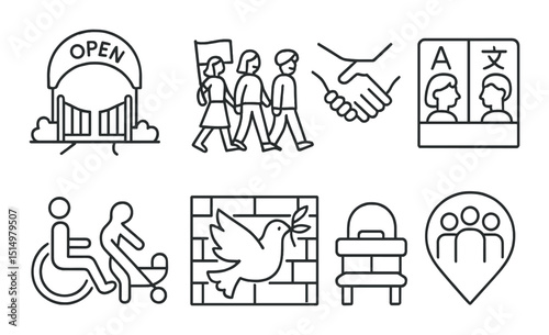 Community inclusion icons set – line style, diversity and accessibility symbols