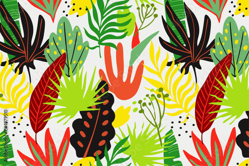 bright Bali tropic seamless pattern, isolated white background, summer cover, season background, decoration for textile, fabric, clothing, wallpaper, wrapping paper, creative hand drawn print, vector 