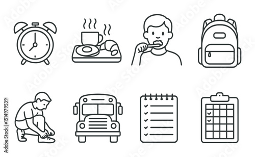Morning routine linear icons set – outline, daily habits and activity symbols