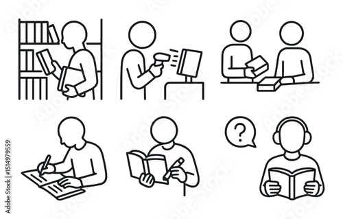 Library activity icons set – outline, reading, book and study symbols collection