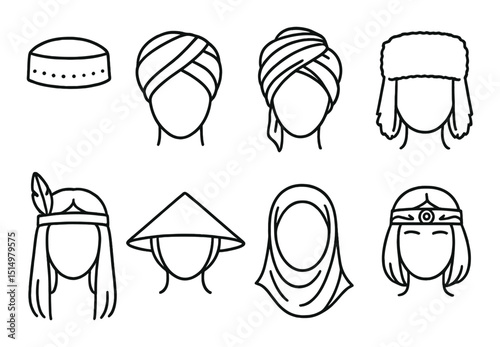 Ethnic headwear outline icons set – simple, cultural and traditional headgear designs
