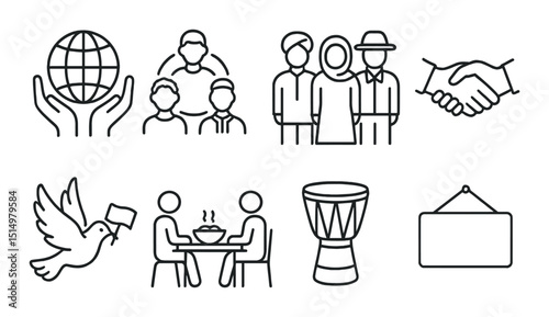 Cultural unity outline icons set – symbols of togetherness, harmony and peace