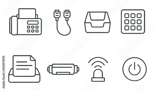 Classic fax equipment outline icons set – linear, communication and office symbols