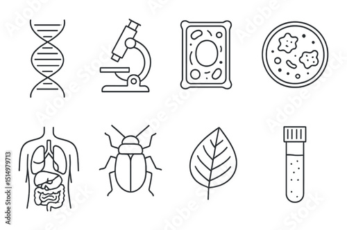 Biology and science outline icons set – silhouette, lab, research symbols