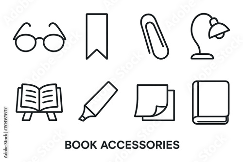 Book accessories linear icons set – outline, reading essentials, study supplies symbols
