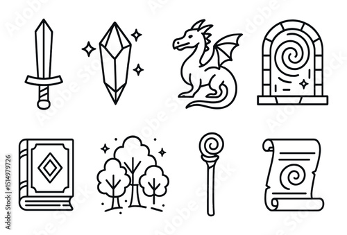 Fantasy adventure icons set – outline, medieval and magic quest symbols