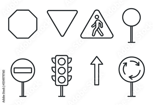 Traffic signs outline icons set – road symbols, safety and navigation