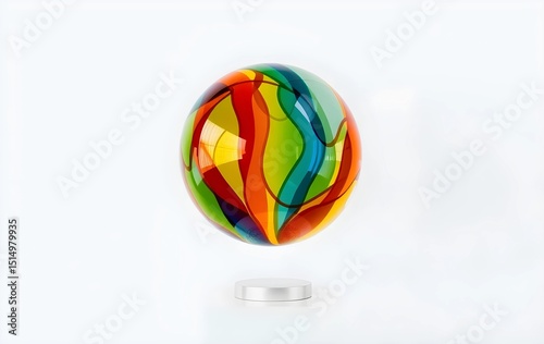 Modern Abstract Levitating Colorful Glass Sphere on Minimalist White Background — Vibrant Floating Art Ball with Multicolored Wavy Patterns for Futuristic and Contemporary Design Concepts