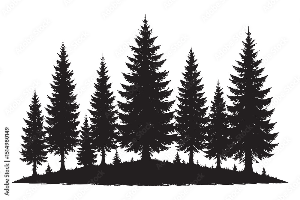Obraz premium Silhouette of Pine Trees on Hill Landscape Vector Illustration