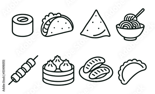 World cuisine icons set – outline, food and culinary symbols for global dining