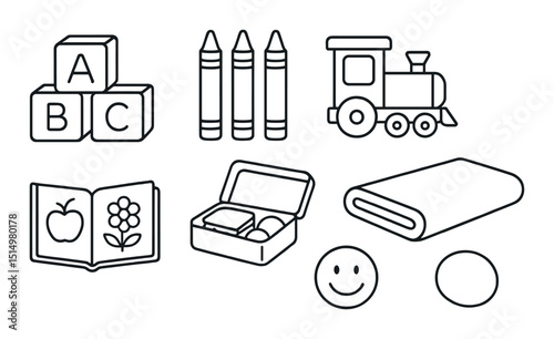 Preschool learning outline icons set – education, early childhood activity symbols