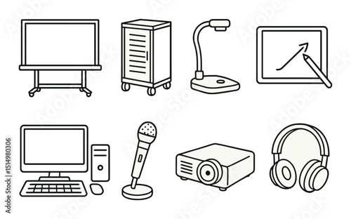 Classroom technology outline icons set – educational, digital and teaching tools imagery