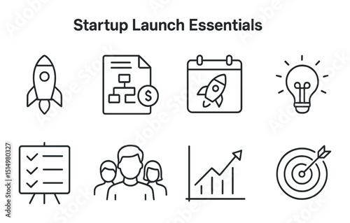 Startup and launch outline icons set – business, entrepreneurship and growth symbols
