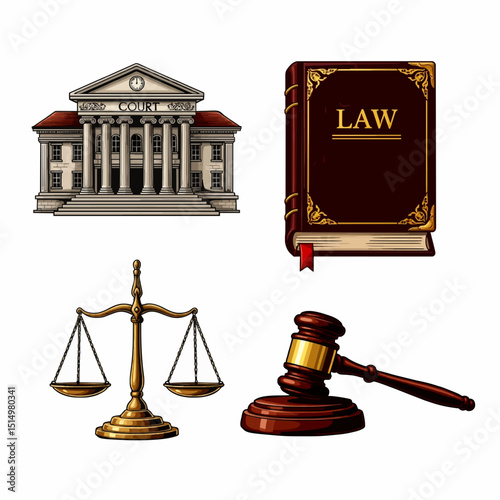 Legal-themed graphic featuring a courthouse, law book, scales of justice, and gavel