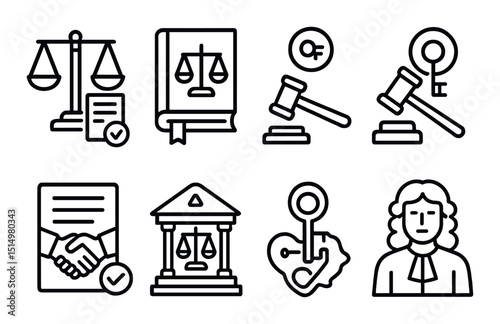 Legal and equality icons set – outline style, justice and law symbols
