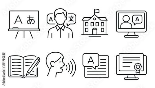 Language and education outline icons set – learning, teaching symbols for academic tools