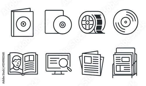 Library and media outline icons set – digital, information and resource symbols