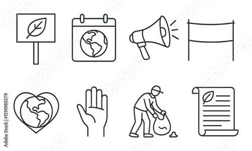 Eco activism line icons set – outline, environmental conservation and awareness symbols