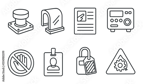 Machine safety outline icons set – workplace, hazard, and protection symbols
