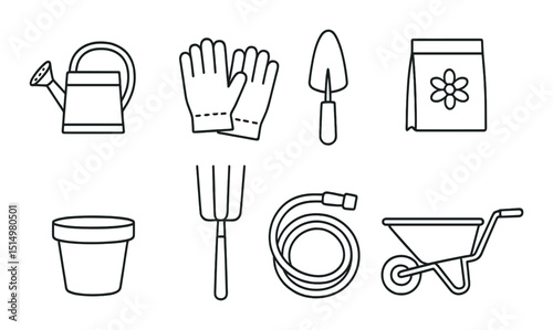 Gardening tools silhouette icons set - simple, spring, and plant care symbols