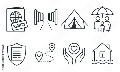Refugee and migration silhouette icons set – outline, asylum and humanitarian symbols