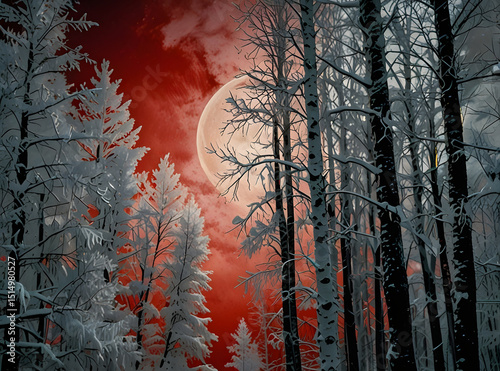Red moon in a pine forest in the snowy season