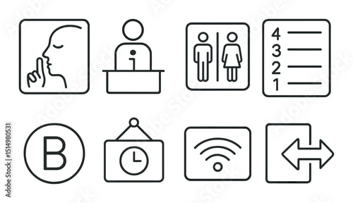 Library signage line icons set – outline, reading and information symbols