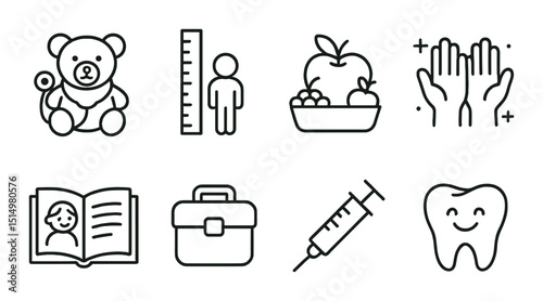 Children's health outline icons set – wellness, pediatric and care symbols