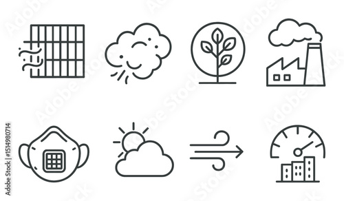 Air quality icons set – outline, environment, pollution and weather symbols