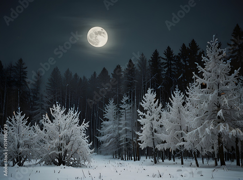 Full moon in the snowy pine forest