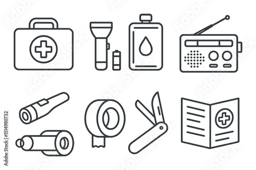 Emergency preparedness outline icons set – survival, disaster and safety essentials
