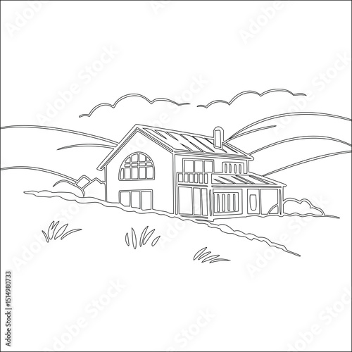 Winter house illustration: A charming vector sketch of a snowy home in a cozy landscape setting