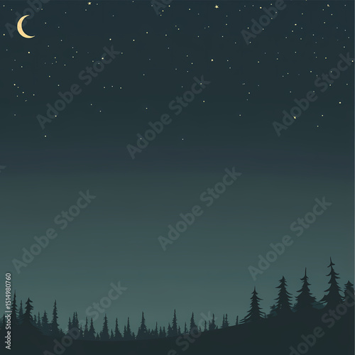 Tranquil Night in the Forest A Serene Landscape Under a Starlit Sky and Crescent Moon