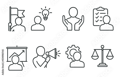 Team roles silhouette icons set – job responsibilities, workplace roles symbols