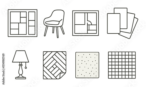 Interior design linear icons set – outline, home decor and furnishing symbols