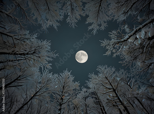 Full moon in the snowy pine forest