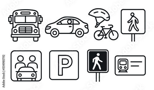 School transportation outline icons set – education, commute and travel symbols