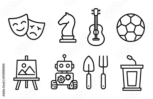 Classic school activities silhouette icons set – education, learning, hobby symbols