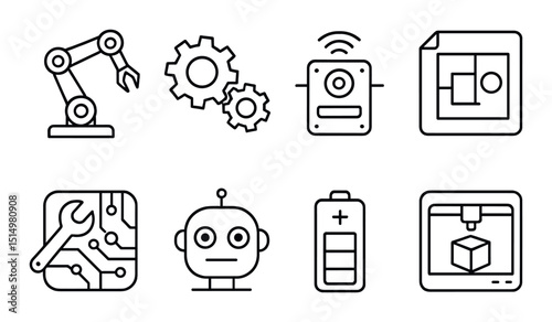 Robotics and engineering outline icons set – silhouette, machinery and tech symbols