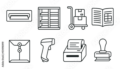 Mailroom equipment outline icons set – linear, postal tools and office symbols