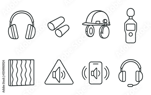 Industrial ear protection line icons set – outline, safety and noise reduction symbols