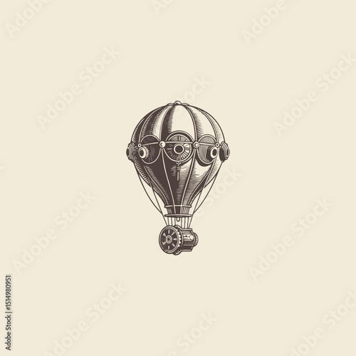 Air balloon steampunk engraving style logo design vector template