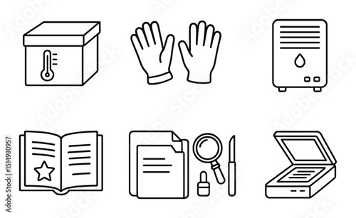 Preservation tools silhouette icons set – conservation, archival and protection symbols